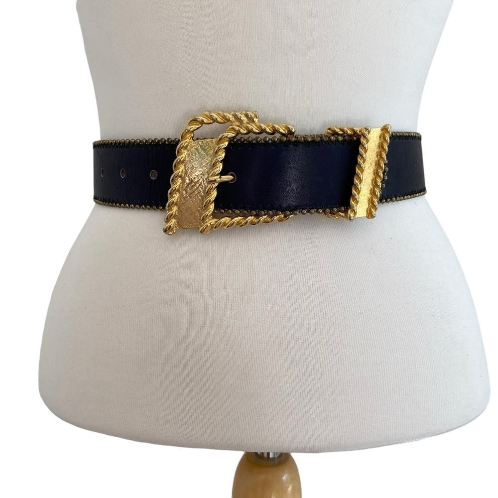 Vintage Kudos belt navy blue & gold hardware beaded handcrafted made Canada 28